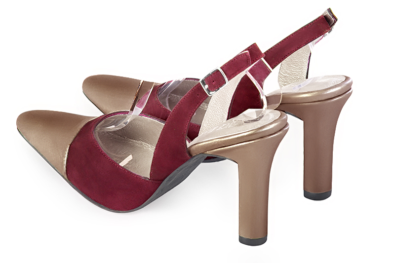 Copper gold and burgundy red women's slingback shoes. Tapered toe. Very high kitten heels. Rear view - Florence KOOIJMAN